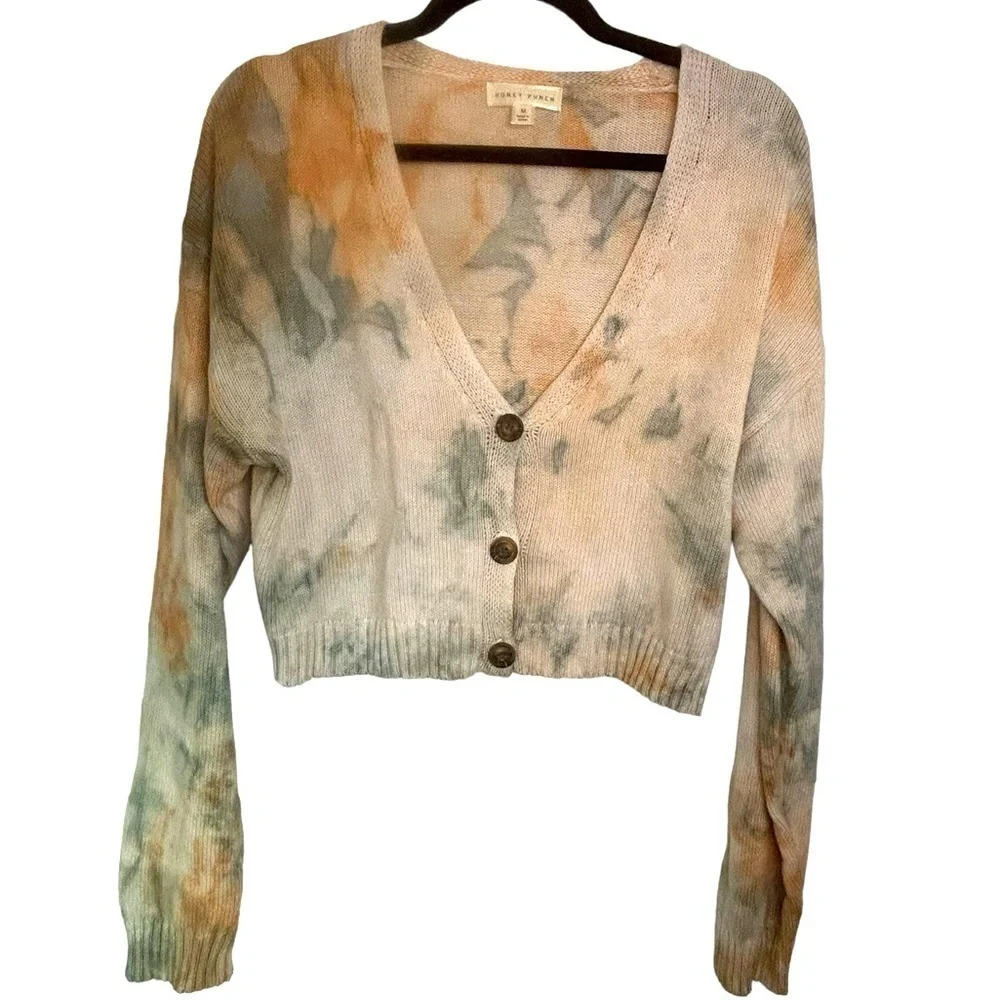 Honey Punch Rust & Grey Tie Dye Cropped Knit Sweater Size Medium - Picture 1 of 7